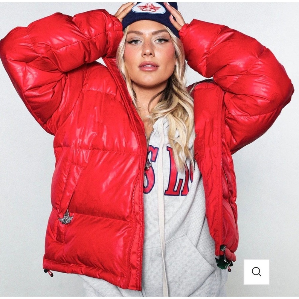 Boys Lie Red Cherub Logo Print Puffer Jacket Oversized Zip Coat Women's M/L